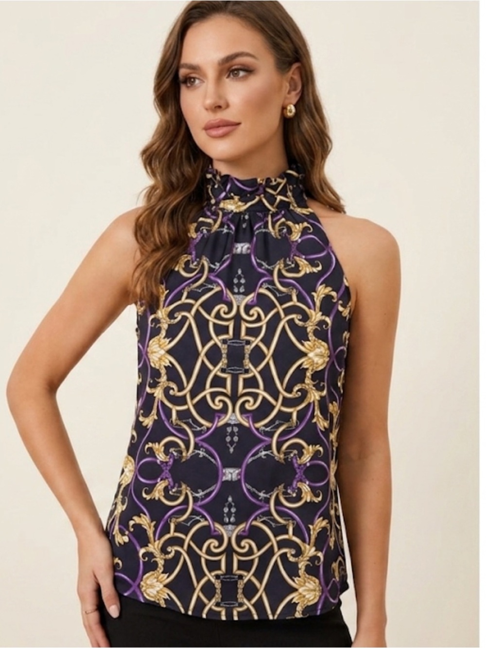 J. McLaughlin Silk Baroque Print Halter Tie Neck Tank Top - Black, Gold, Purple